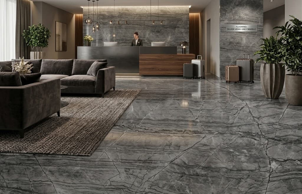 Five-star hotel lobby with Silver Veins Grey marble flooring — Kristone Global LLP
