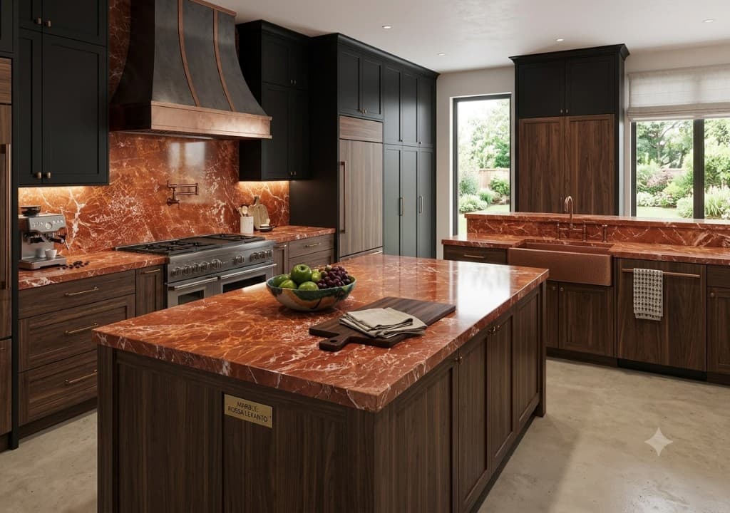 Modern kitchen with Rossa Levanto marble countertops and backsplash — Kristone Global LLP