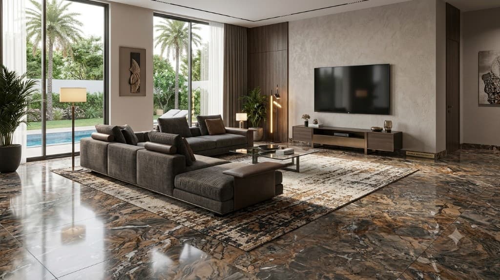 Luxury living room with premium natural stone flooring — Kristone Global LLP