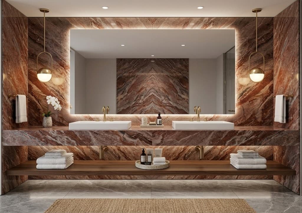 Premium bathroom vanity space finished in rich natural stone