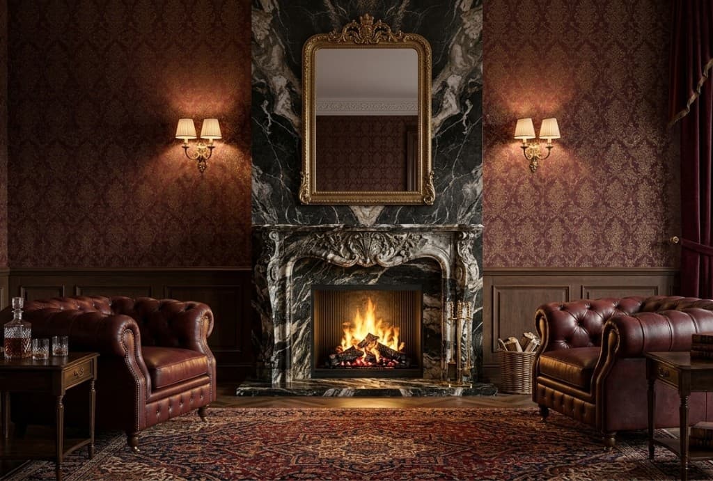 Classic lounge with dramatic marble fireplace feature wall
