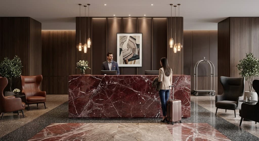 Elegant corridor with polished white natural stone flooring