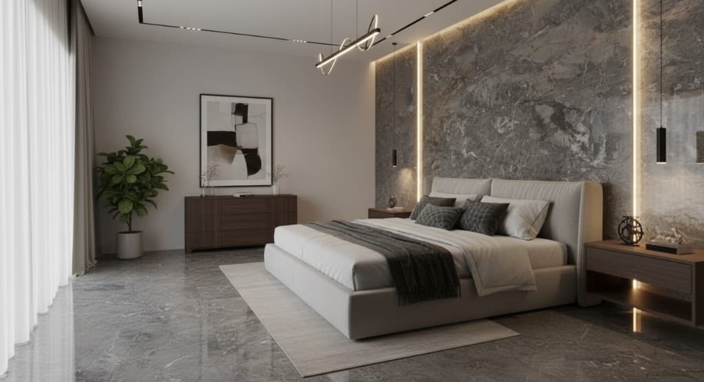 Premium bedroom with stone accent wall and polished flooring