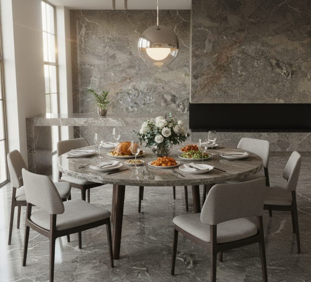 Luxury dining room with premium natural stone table, flooring, and feature wall