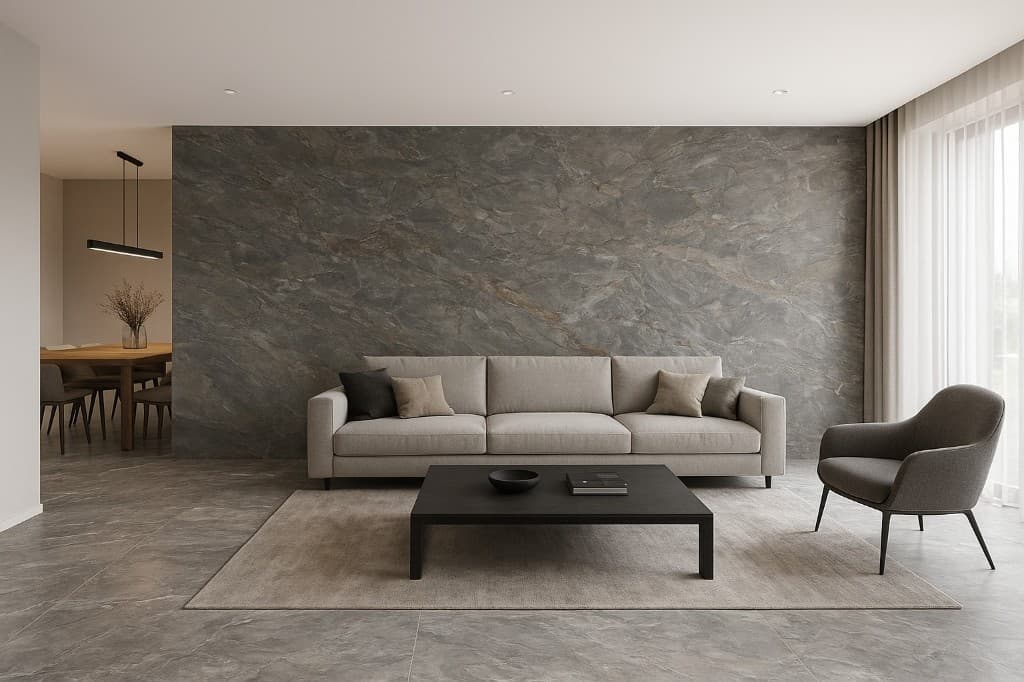 Contemporary living room with natural stone feature wall