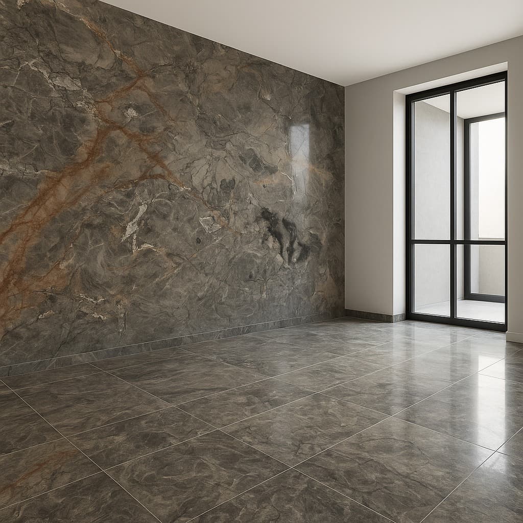 Modern interior with dark natural stone walls and flooring