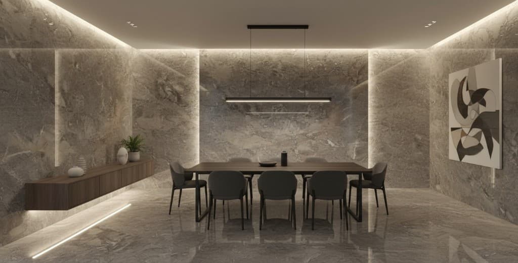 Premium quartzite stone walls and flooring in luxury dining interior