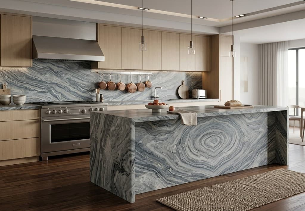 Luxury hospitality interior featuring premium natural stone reception desk