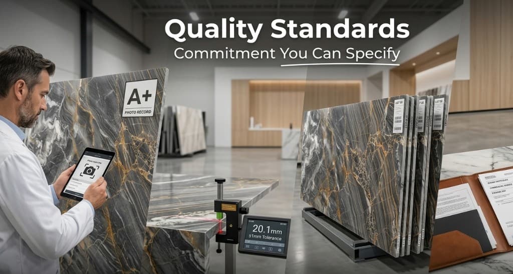 Quality standards inspection process for premium stone slabs at Kristone Global LLP
